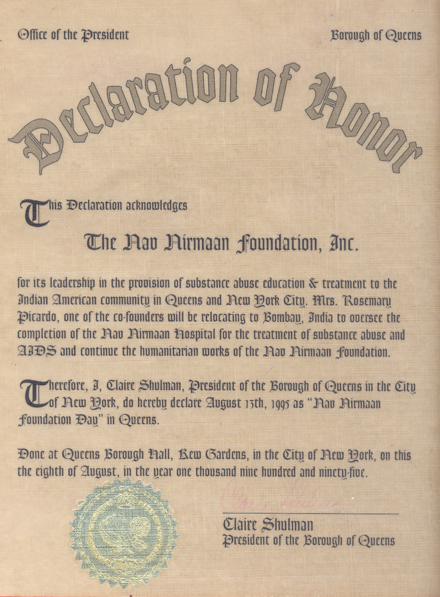 Declaration of Honor/Queens Borough President
