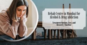 A woman seeking help for addiction with a background of the Bandra-Worli Sea Link, representing a rehab centre in Mumbai for drug and alcohol recovery.