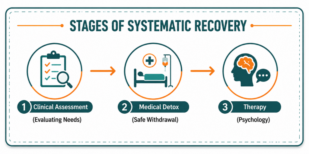 An infographic chart showing the 3 stages of systematic recovery: 1. Clinical Assessment (Evaluating Needs), 2. Medical Detox (Safe Withdrawal), and 3. Therapy (Psychology).