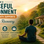 Infographic from Nav Nirman Foundation rehab centre in Ambernath showing how a peaceful environment and natural healing support addiction recovery.