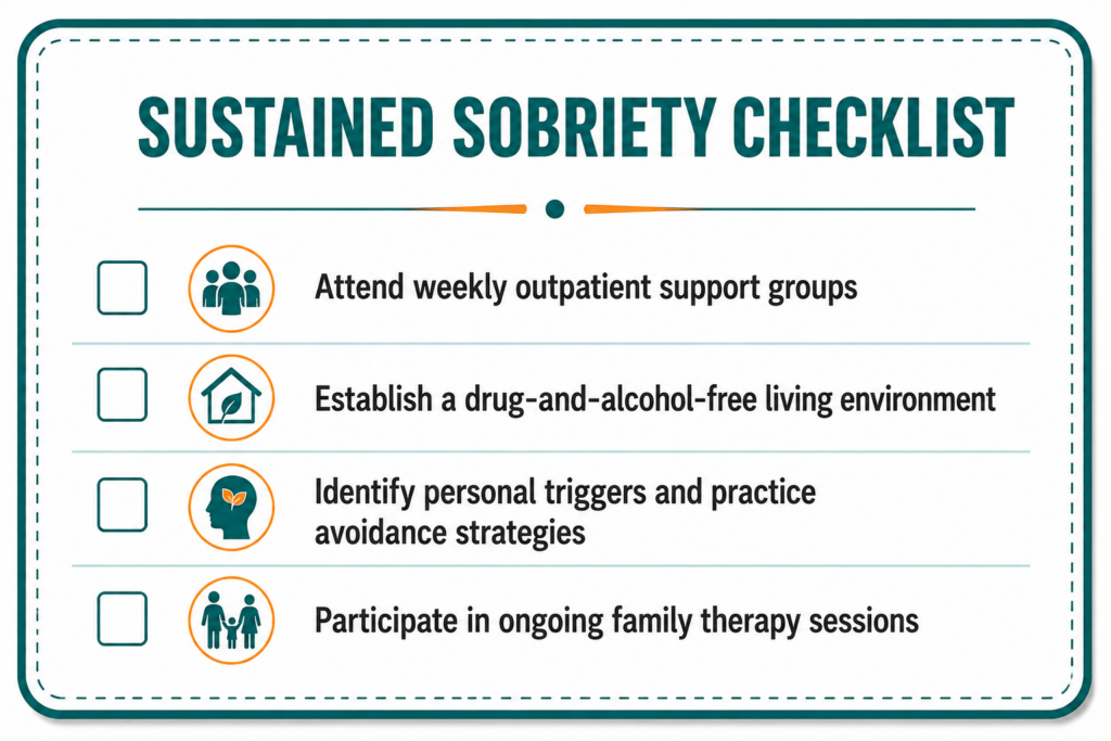 An infographic titled Sustained Sobriety Checklist featuring four checkboxes: attend weekly outpatient support groups, establish a drug and alcohol free living environment, identify personal triggers and practice avoidance strategies, and participate in ongoing family therapy sessions.